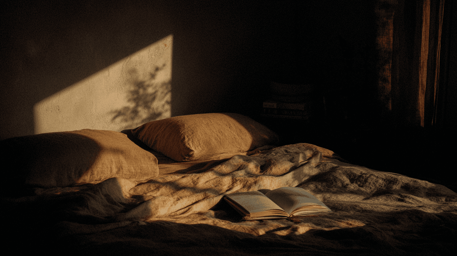 Morning sunlight streaming through a window onto a simple wooden table with a journal, coffee mug, and medication organizer, representing a structured recovery routine